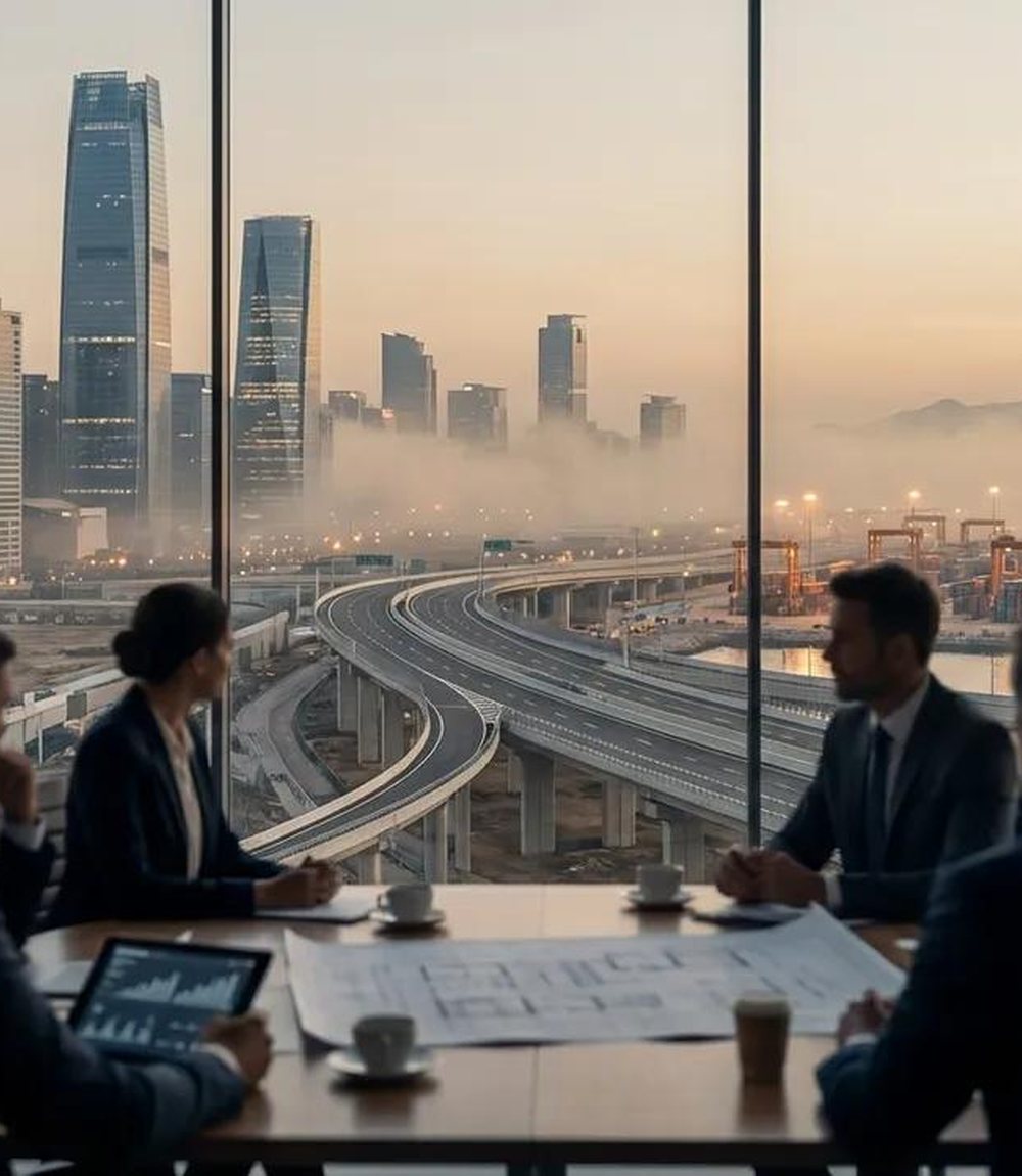Dev Enterprises team in discussion, with a National Highway interchange in view
